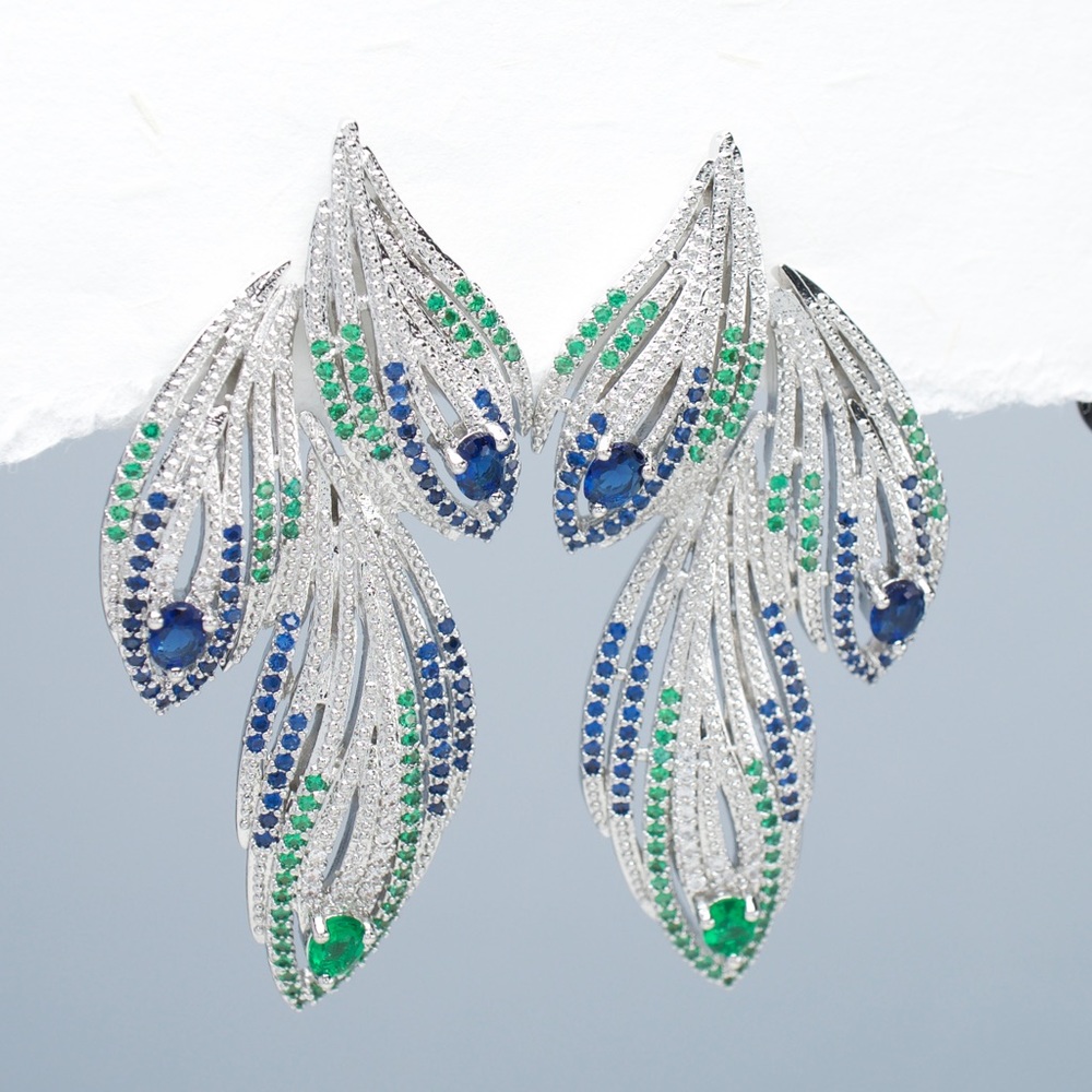 NEW Pave Crystals Long Dangle Peacock Feathers Earrings